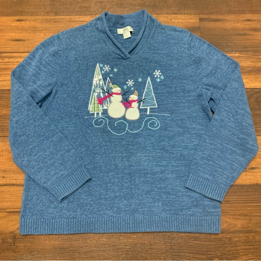 CJ Banks Blue Womens Christmas Knit Sweater Pullover W/Snowmen Couple Sz 1X
